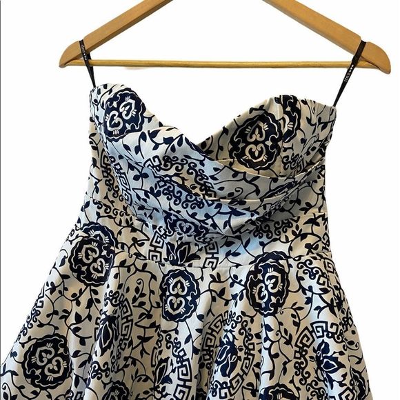 White & Navy Sateen Printed Strapless Party Dress - Picture 2 of 12